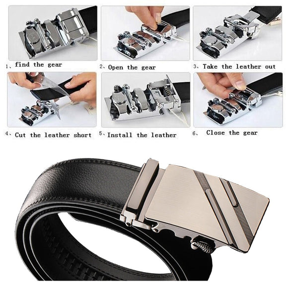 Adjustable Slide Luxury Leather Belt For Men's Automatic Buckle Ratchet Business Dress Belts (FB850215) - RnR Galore
