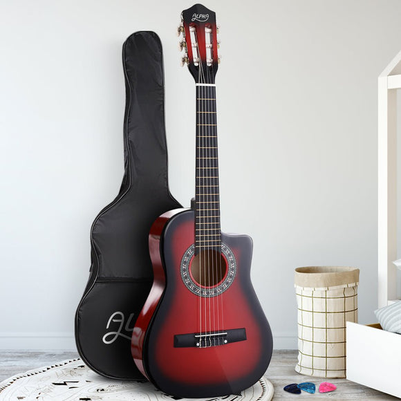 Alpha 34 Inch Classical Guitar Wooden Body Nylon String Beginner Kids Gift Red - RnR Galore