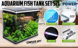 Aquarium Curved Glass RGB LED Fish Tank Set Filter Pump 52L - RnR Galore