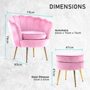 Armchair Lounge Chair Accent Velvet Shell Scallop + Round Ottoman Footstool PINK - RnR Galore