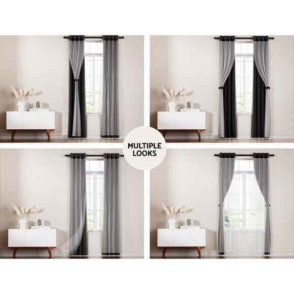 Artiss 2X 132x160cm Blockout Sheer Curtains Black - RnR Galore