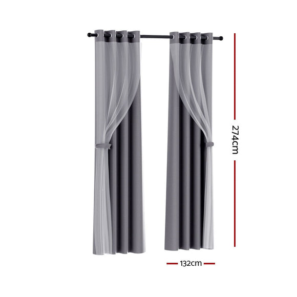 Artiss 2X 132x274cm Blockout Sheer Curtains Charcoal - RnR Galore