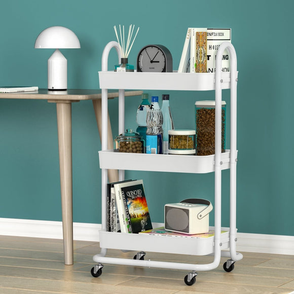 Artiss Storage Trolley Kitchen Cart 3 Tiers Rack Shelf Organiser Wheels White - RnR Galore