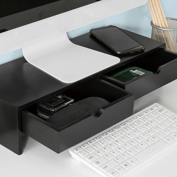 Black Monitor Stand Desk Organizer with 2 Drawers - RnR Galore