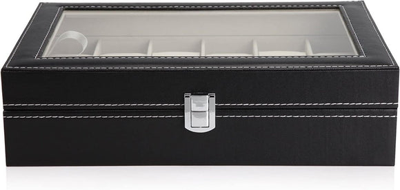 Black PU Leather Watch Organizer Display Storage Box Cases for Men & Women (12 slots) - RnR Galore