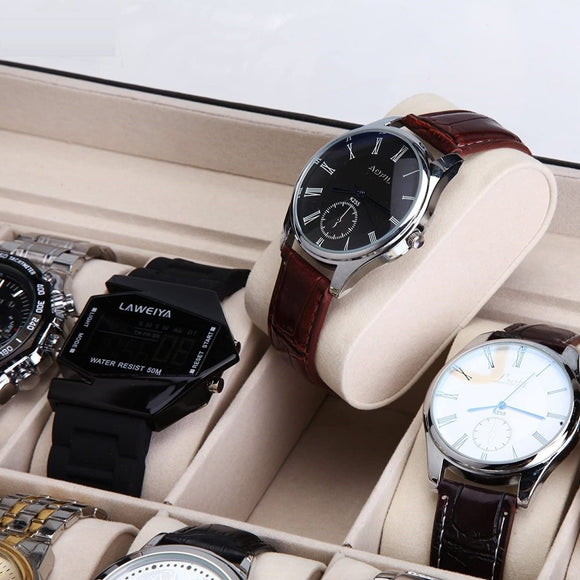 Black PU Leather Watch Organizer Display Storage Box Cases for Men & Women (12 slots) - RnR Galore