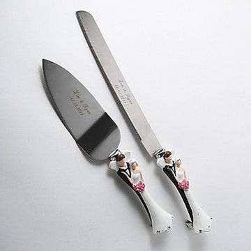 Bride Groom Cake Server Set Wedding Cake Knife and Silver Blade Server Set Boxed - Bride Groom Handles - RnR Galore