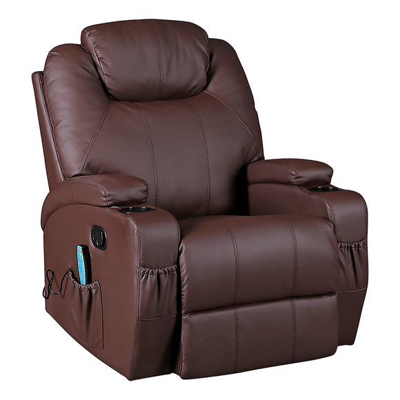 Brown Massage Sofa Chair Recliner 360 Degree Swivel PU Leather Lounge 8 Point Heated - RnR Galore
