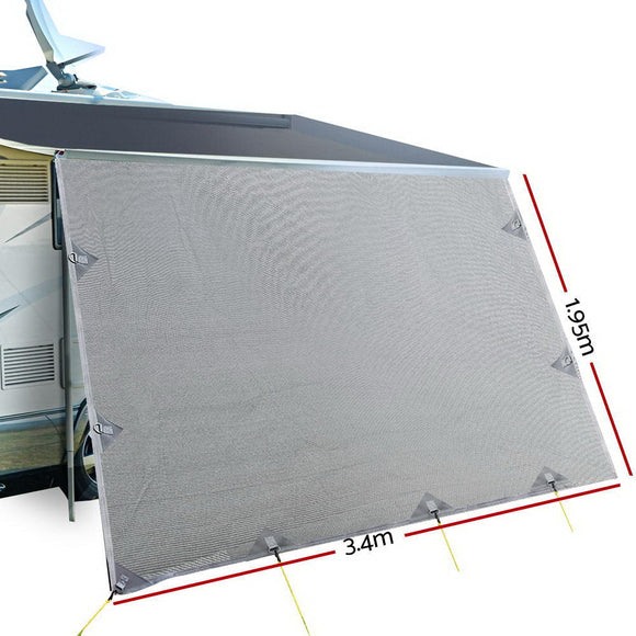 Caravan Privacy Screen Roll Out Awning 3.4x1.95M End Wall Side Sun Shade Grey - RnR Galore