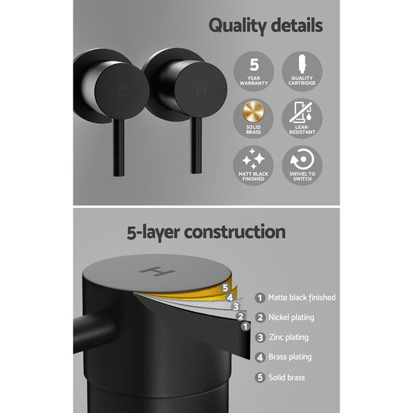 Cefito Basin Twin Tap Wall Round Brass Faucet Shower Bathtub Black - RnR Galore