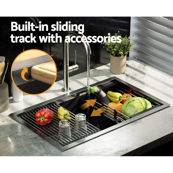 Cefito Kitchen Sink 70X45CM Stainless Steel Single Bowl Drain Rack Basket Black - RnR Galore