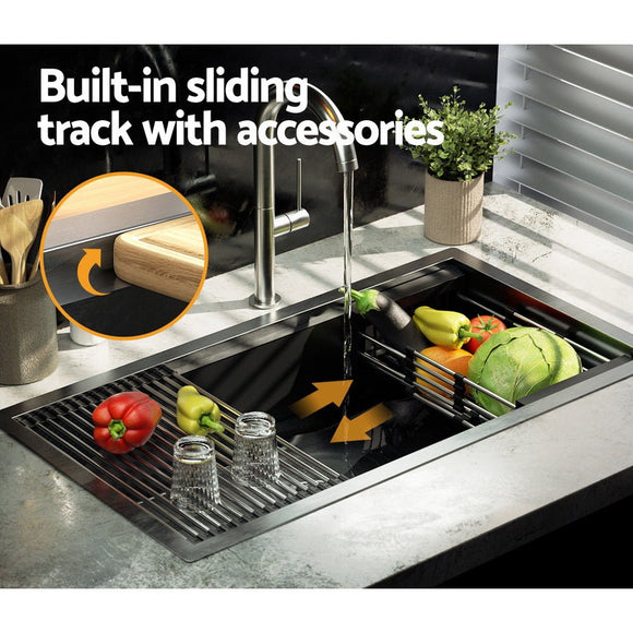 Cefito Kitchen Sink 81X45CM Stainless Steel Single Bowl Drain Rack Basket Black - RnR Galore