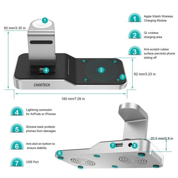 CHOETECH T316 4 - in - 1 Wireless Charging Station for iPhone/Apple Watch/iPod and all Qi Wireless Cell phones - RnR Galore