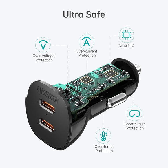 CHOETECH TC0008 - BK Dual USB - C 36W Car Charger Adapter Black - RnR Galore