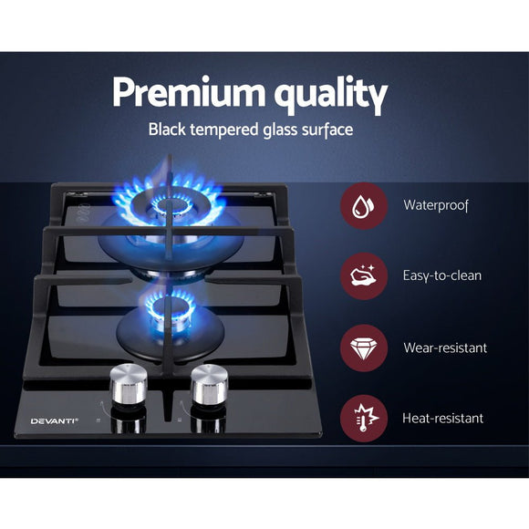 Devanti Gas Cooktop 30cm 2 Burner Black - RnR Galore