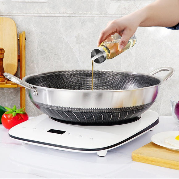 Double Ear 304 Stainless Steel 36cm Non - Stick Stir Fry Cooking Kitchen Wok Pan with Lid Honeycomb Double Sided - RnR Galore