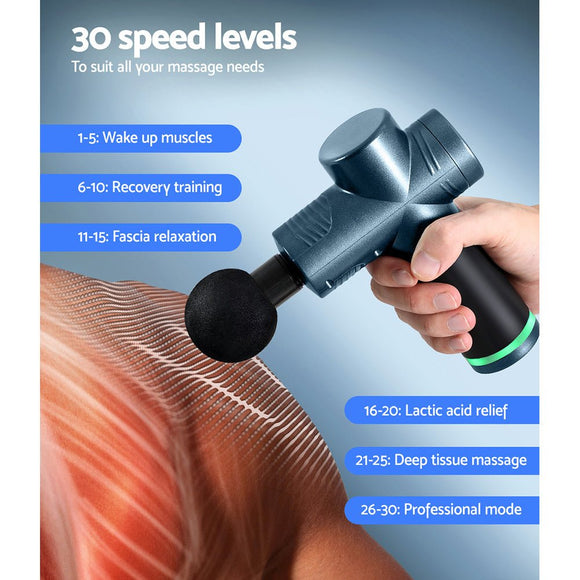 Everfit 30 Speed Massage Gun 4 Heads Vibration Muscle Massager Chargeable Blue - RnR Galore