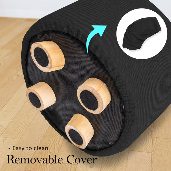Fabric Ottoman Round Wooden Leg Foot Stool - BLACK - RnR Galore