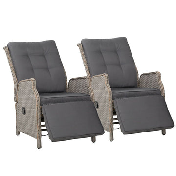 Gardeon 2PC Recliner Chairs Sun lounge Wicker Lounger Outdoor Furniture Adjustable Grey - RnR Galore