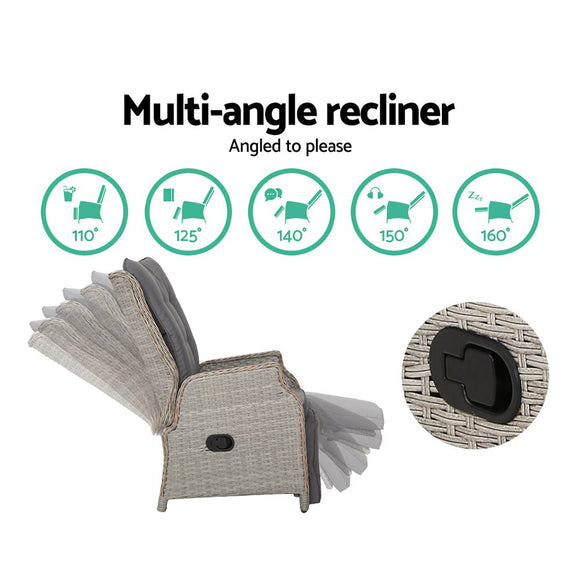 Gardeon 2PC Recliner Chairs Sun lounge Wicker Lounger Outdoor Furniture Adjustable Grey - RnR Galore