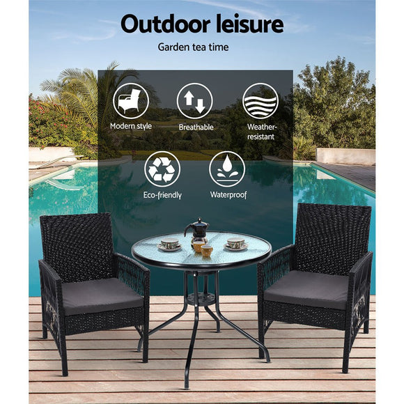 Gardeon 3PC Bistro Set Outdoor Furniture Rattan Table Chairs Cushion Patio Garden Lyra - RnR Galore