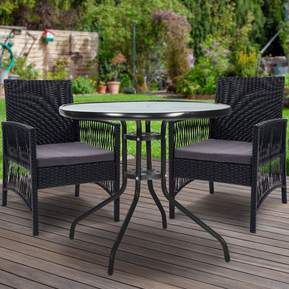 Gardeon 3PC Bistro Set Outdoor Furniture Rattan Table Chairs Cushion Patio Garden Lyra - RnR Galore