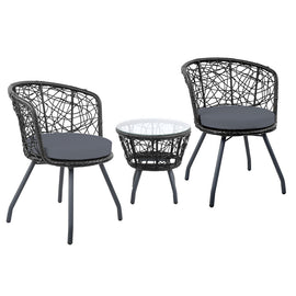 Gardeon 3PC Bistro Set Outdoor Furniture Rattan Table Chairs Patio Garden Cushion Black - RnR Galore