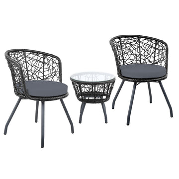 Gardeon 3PC Bistro Set Outdoor Furniture Rattan Table Chairs Patio Garden Cushion Black - RnR Galore