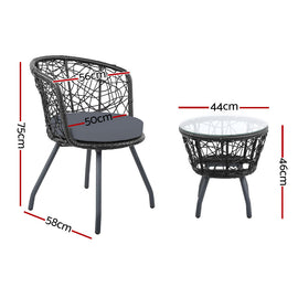 Gardeon 3PC Bistro Set Outdoor Furniture Rattan Table Chairs Patio Garden Cushion Black - RnR Galore