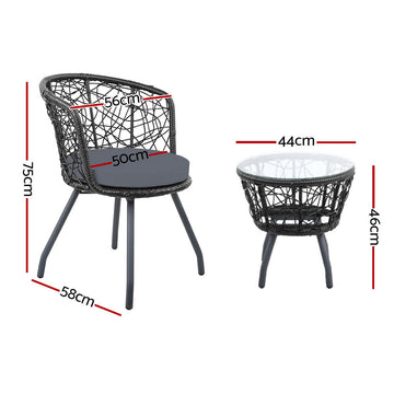 Gardeon 3PC Bistro Set Outdoor Furniture Rattan Table Chairs Patio Garden Cushion Black - RnR Galore
