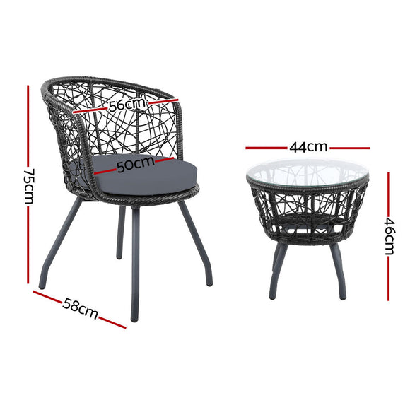 Gardeon 3PC Bistro Set Outdoor Furniture Rattan Table Chairs Patio Garden Cushion Black - RnR Galore