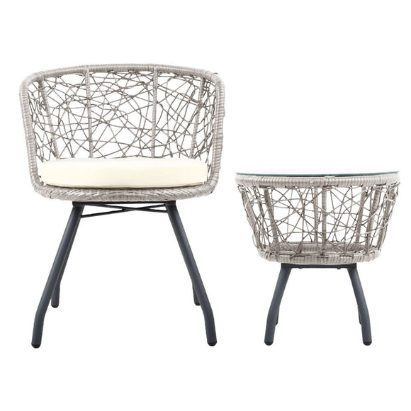 Gardeon 3PC Bistro Set Outdoor Furniture Rattan Table Chairs Patio Garden Cushion Grey - RnR Galore