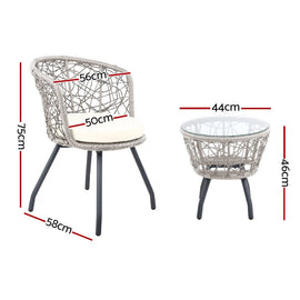Gardeon 3PC Bistro Set Outdoor Furniture Rattan Table Chairs Patio Garden Cushion Grey - RnR Galore
