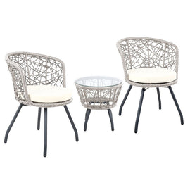 Gardeon 3PC Bistro Set Outdoor Furniture Rattan Table Chairs Patio Garden Cushion Grey - RnR Galore