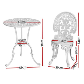 Gardeon 3PC Patio Furniture Outdoor Bistro Set Dining Chairs Aluminium White - RnR Galore
