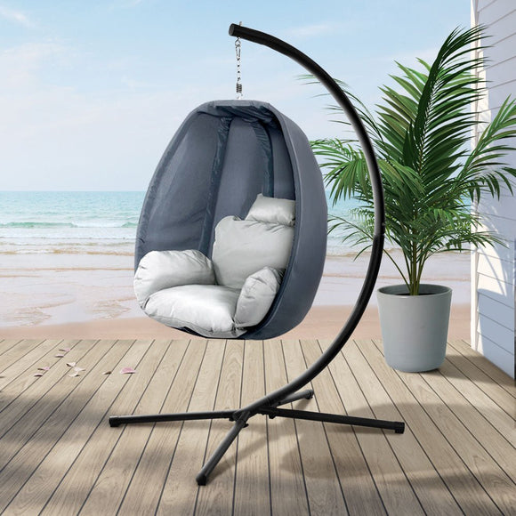 Gardeon Outdoor Egg Swing Chair Patio Furniture Pod Stand Canopy Foldable Grey - RnR Galore