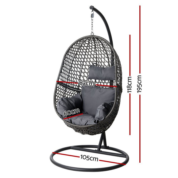 Gardeon Outdoor Egg Swing Chair Wicker Rattan Furniture Pod Stand Cushion Black - RnR Galore