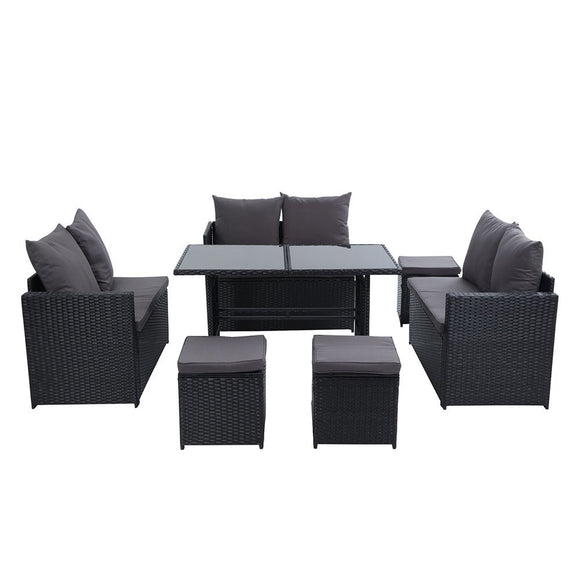 Gardeon Outdoor Furniture Dining Setting Sofa Set Lounge Wicker 9 Seater Black - RnR Galore
