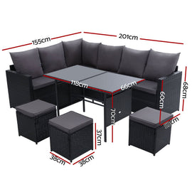 Gardeon Outdoor Furniture Dining Setting Sofa Set Lounge Wicker 9 Seater Black - RnR Galore