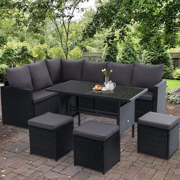 Gardeon Outdoor Furniture Dining Setting Sofa Set Lounge Wicker 9 Seater Black - RnR Galore