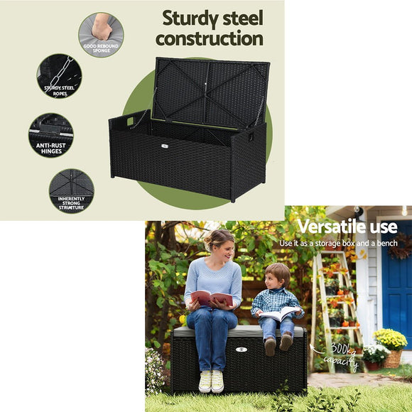 Gardeon Outdoor Storage Bench Box Wicker Garden Sheds Tools Cushion Patio Furniture Black - RnR Galore