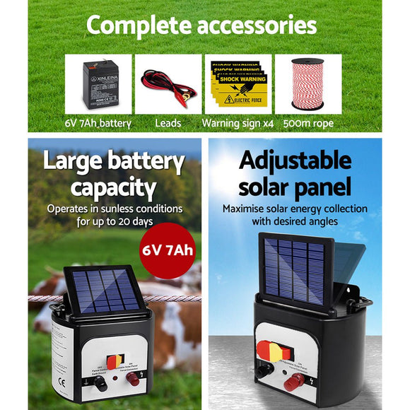 Giantz Fence Energiser 8KM Solar Powered Electric 500M Poly Rope - RnR Galore