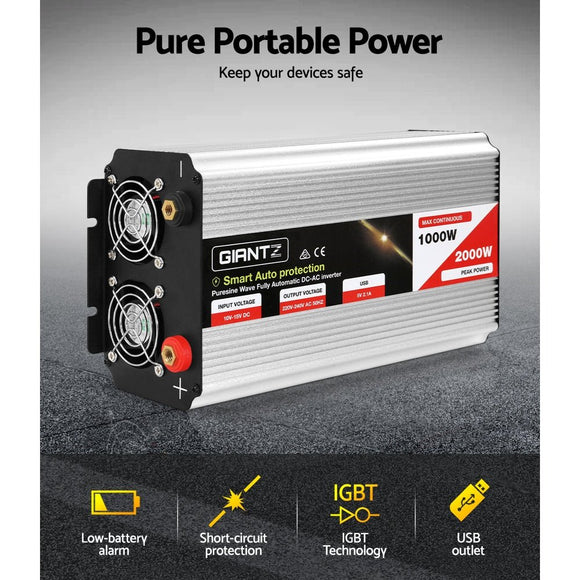 Giantz Power Inverter 1000W or 2000W Pure Sine Wave 12V - 240V Camping Boat Caravan - RnR Galore