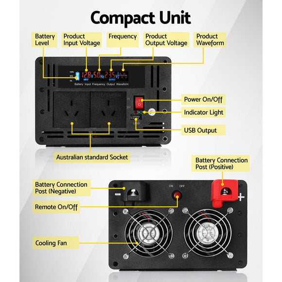 Giantz Power Inverter 12V to 240V 2500W/5000W Pure Sine Wave Camping Car Boat - RnR Galore
