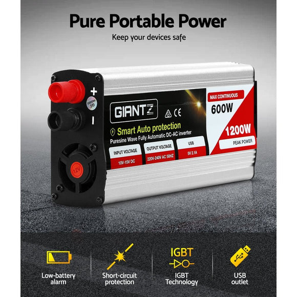 Giantz Power Inverter 600W/1200W 12V to 240V Pure Sine Wave Camping Car Boat - RnR Galore