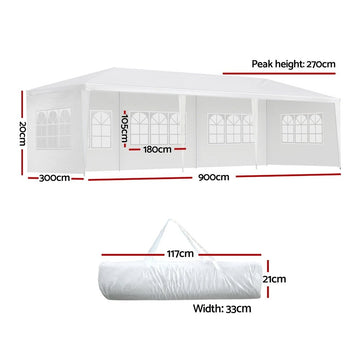 Instahut Gazebo 3x9m Marquee Wedding Party Tent Outdoor Camping Side Wall Canopy 5 Panel White - RnR Galore