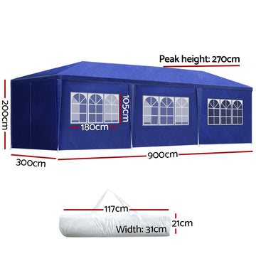 Instahut Gazebo 3x9m Marquee Wedding Party Tent Outdoor Camping Side Wall Canopy 8 Panel Blue - RnR Galore