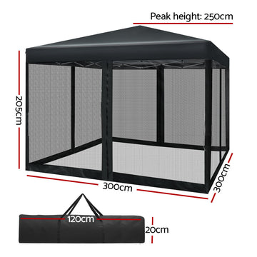 Instahut Gazebo Pop Up Marquee 3x3m Wedding Party Outdoor Camping Tent Canopy Shade Mesh Wall Black - RnR Galore