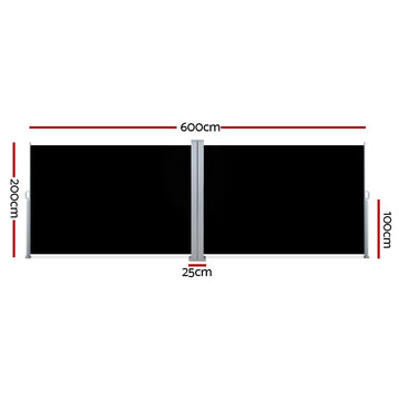 Instahut Side Awning Outdoor Blinds Sun Shade Retractable Screen 2X6M BK - RnR Galore
