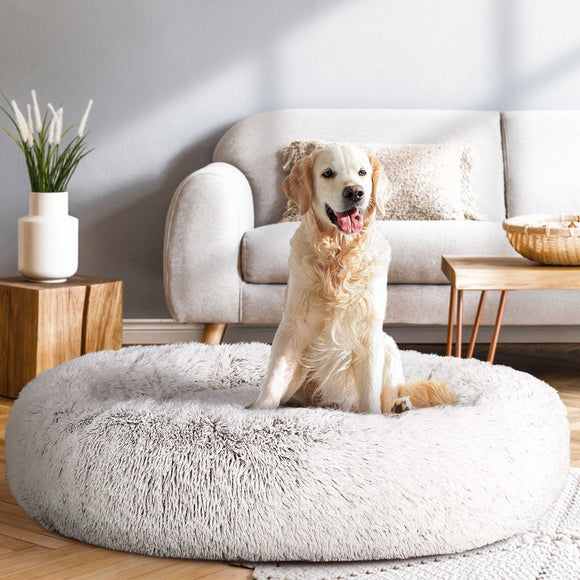 i.Pet Pet Bed Dog Cat 110cm Calming Extra Large Soft Plush White Brown - RnR Galore
